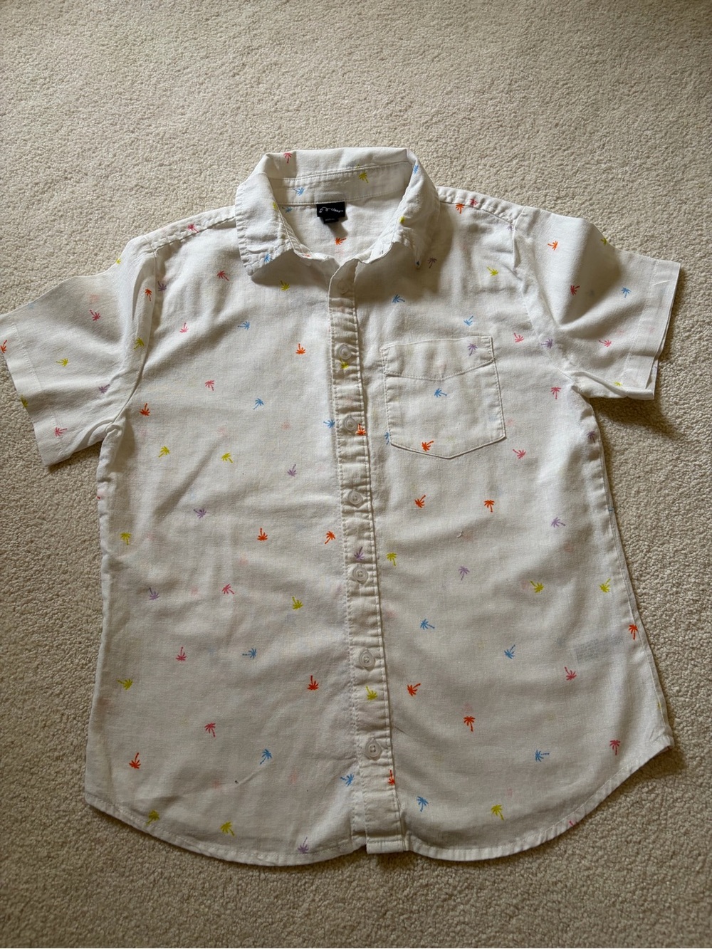 Kids art class White Short-Sleeve Button-Down Shirt with Multicolor Palm Accents